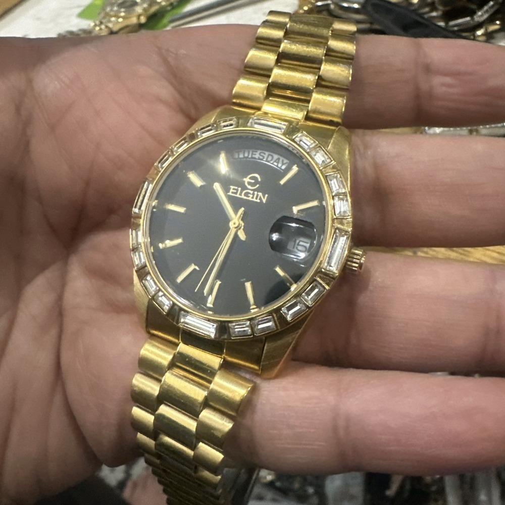 Elgin FG147 Calendar Gold Tone Unisex Watch Quartz 36mm Day Date New Battery
